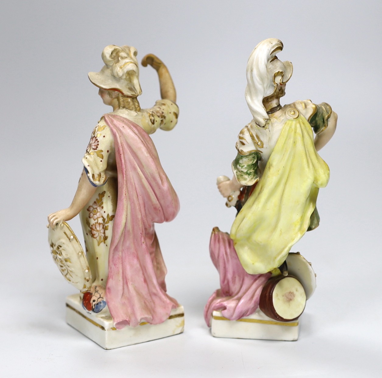 A pair of Derby porcelain figures, early 19th century, modelled as Minerva and Mars, 18cm high (a.f.), tallest 17.5cms high